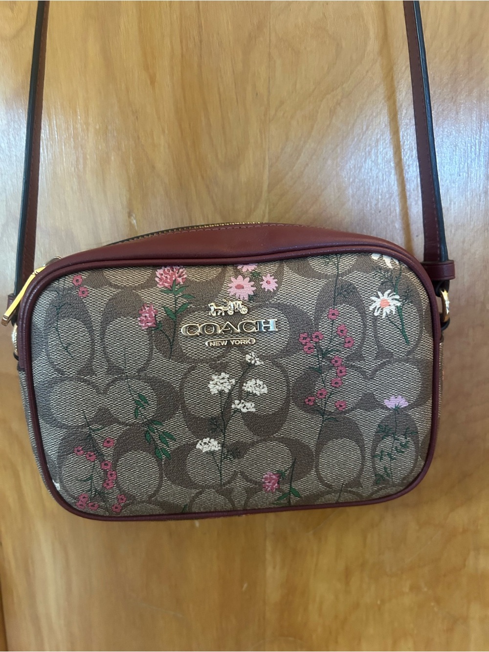 Coach Signature Floral Crossbody in Brown and Burgundy